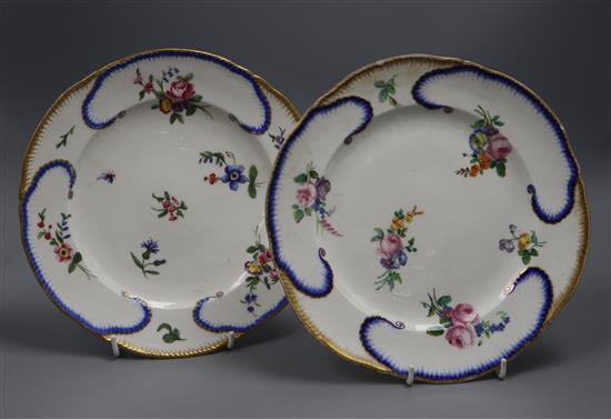 A near pair of Vincennes / Sevres porcelain plates, date codes for 1755/6 and 1770